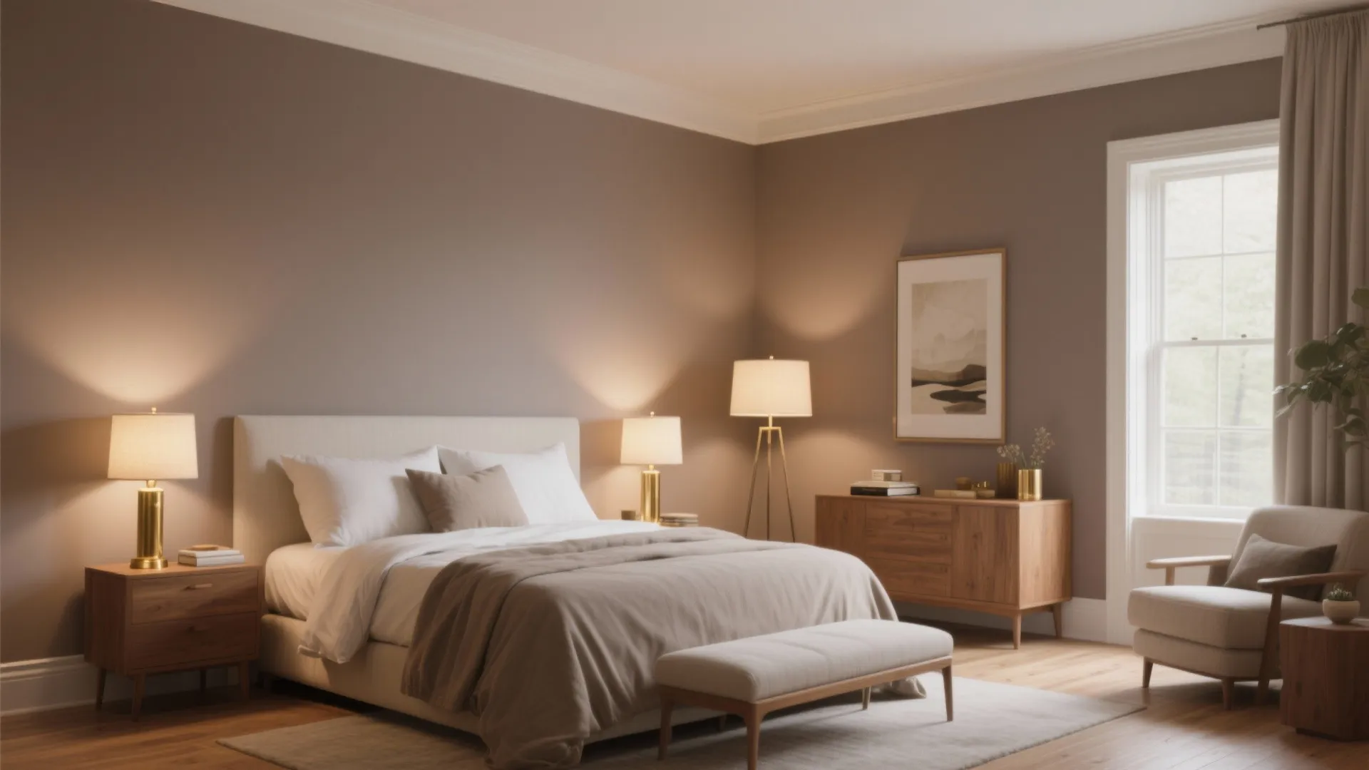 Warm greige bedroom with double bed, wooden bedside tables, floor lamp, and cozy armchair furniture