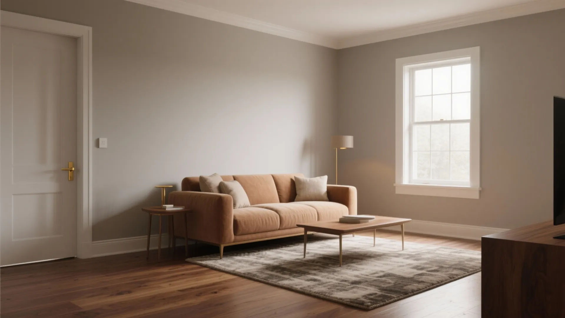 Living room painted warm greige with wood floors and warm metal accents showing subtle undertone shifts.