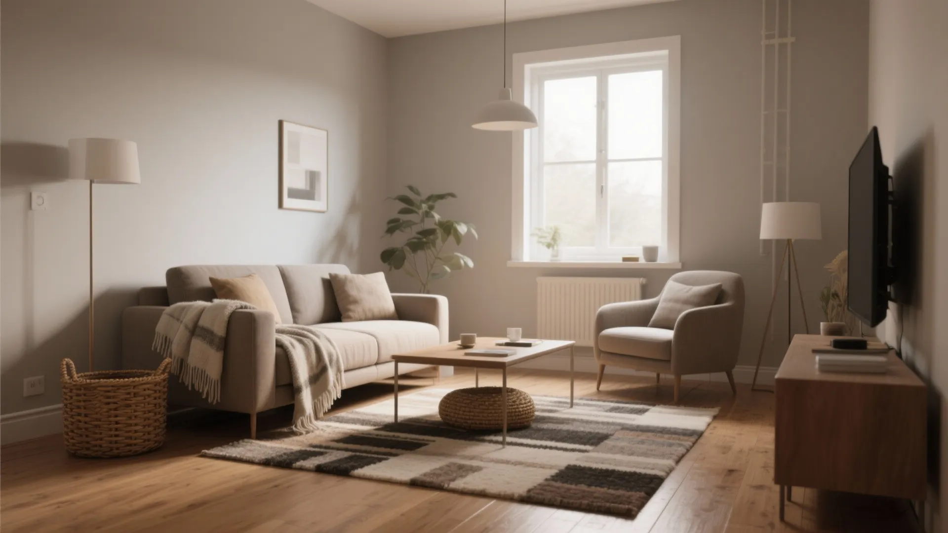 Modern living room with beige sofa armchair wooden coffee table patterned rug and large bright window