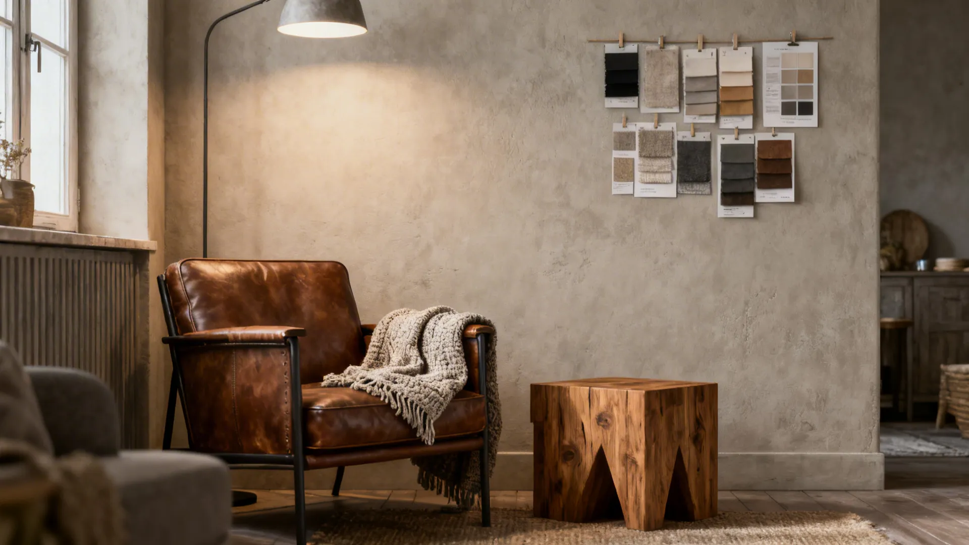 Compact living area with warm greige walls, leather armchair and oak table showcasing swatches