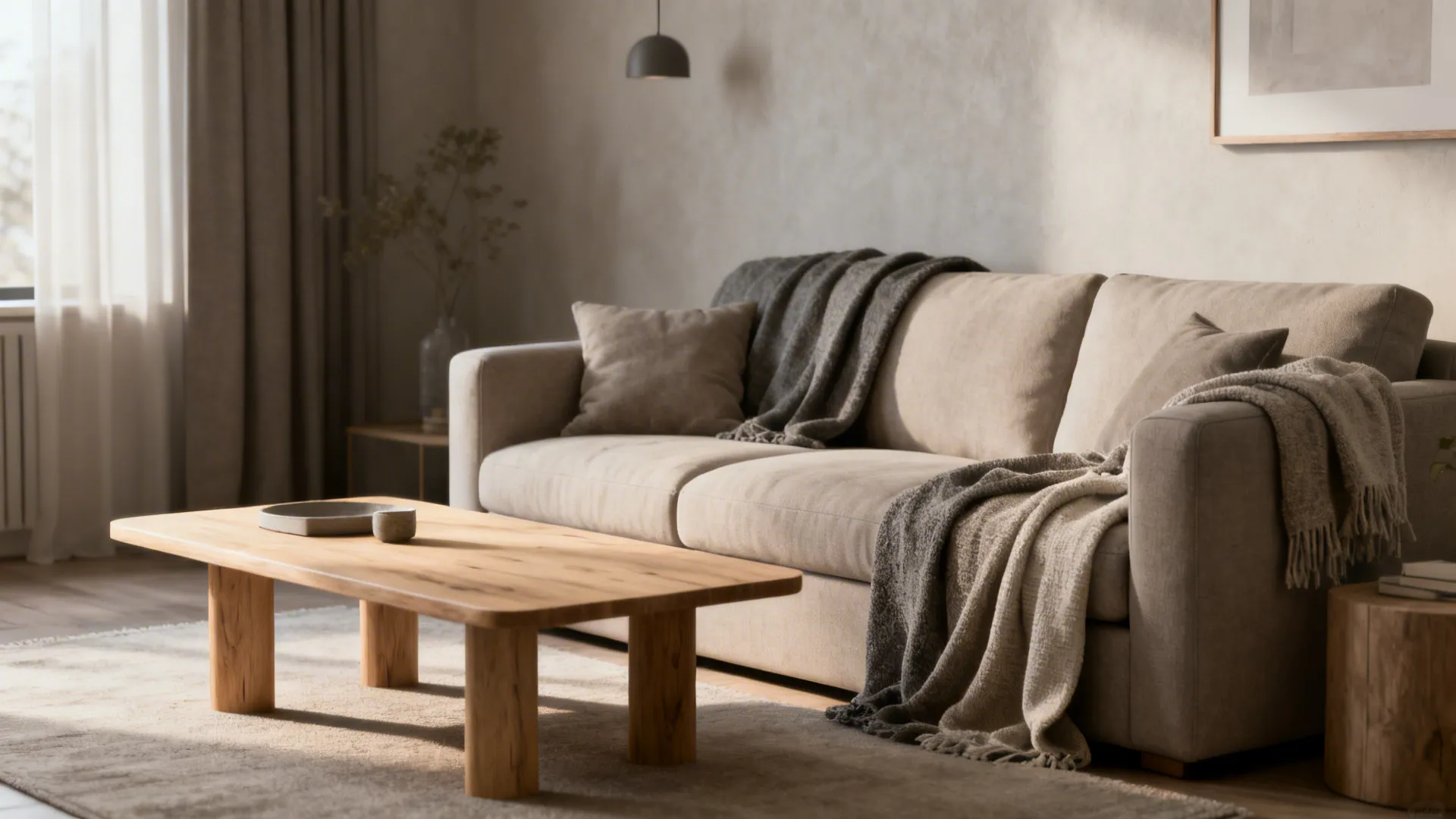 Living room painted warm greige with neutral furnishings and soft daylight