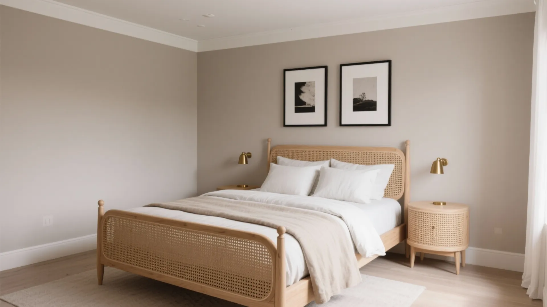 Minimalist bedroom with greige walls, wooden cane bed, white bedding, round bedside tables, and wall lights