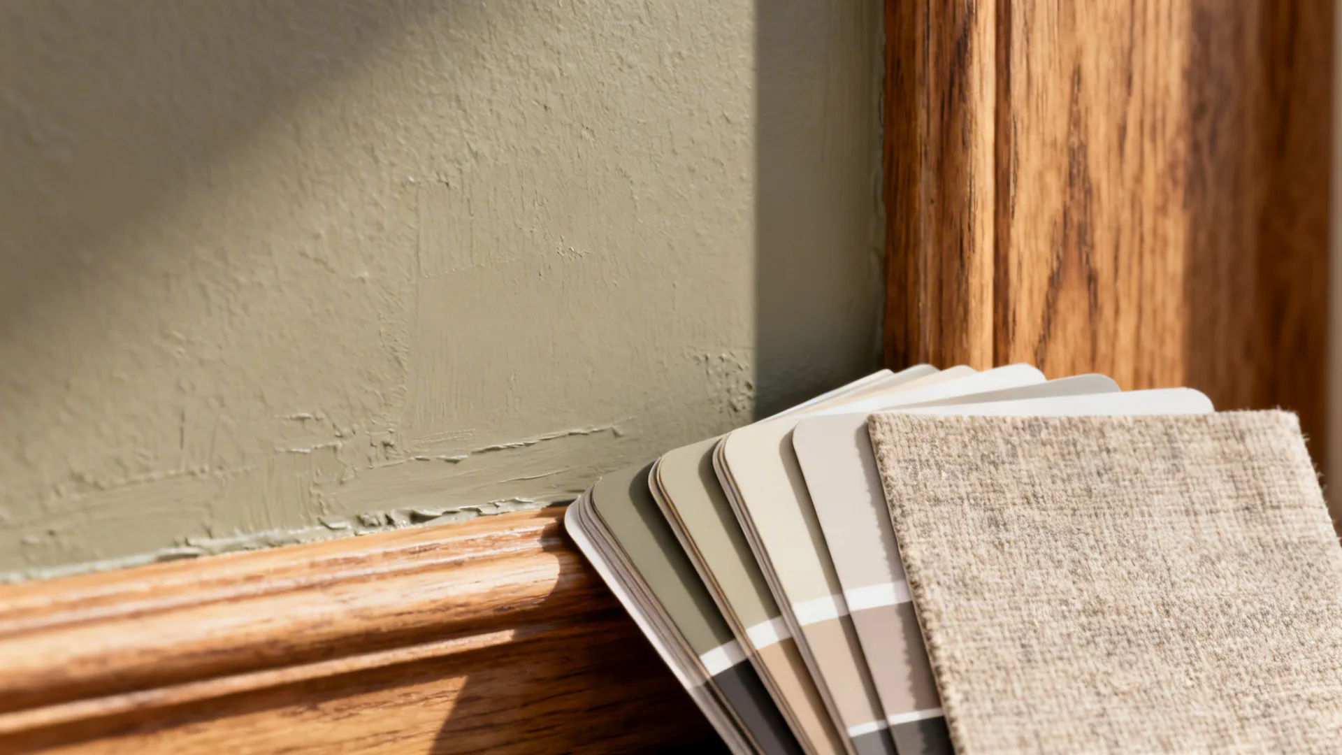 Paint swatch close-up of warm greige next to wood trim and fabric samples.