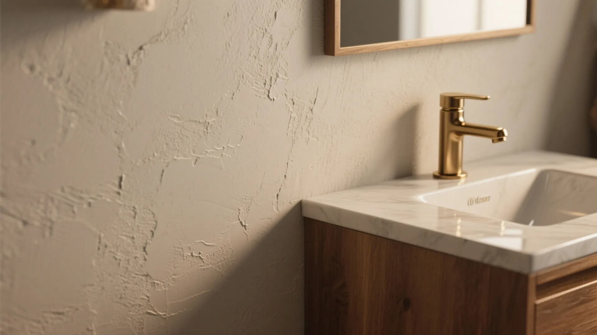 Modern bathroom sink with gold faucet white marble top wood cabinet and textured beige wall