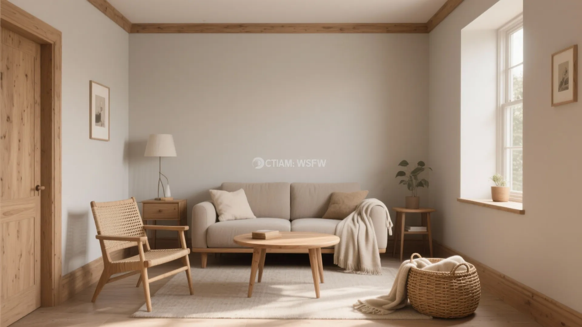 1. Warm greige with natural wood accents