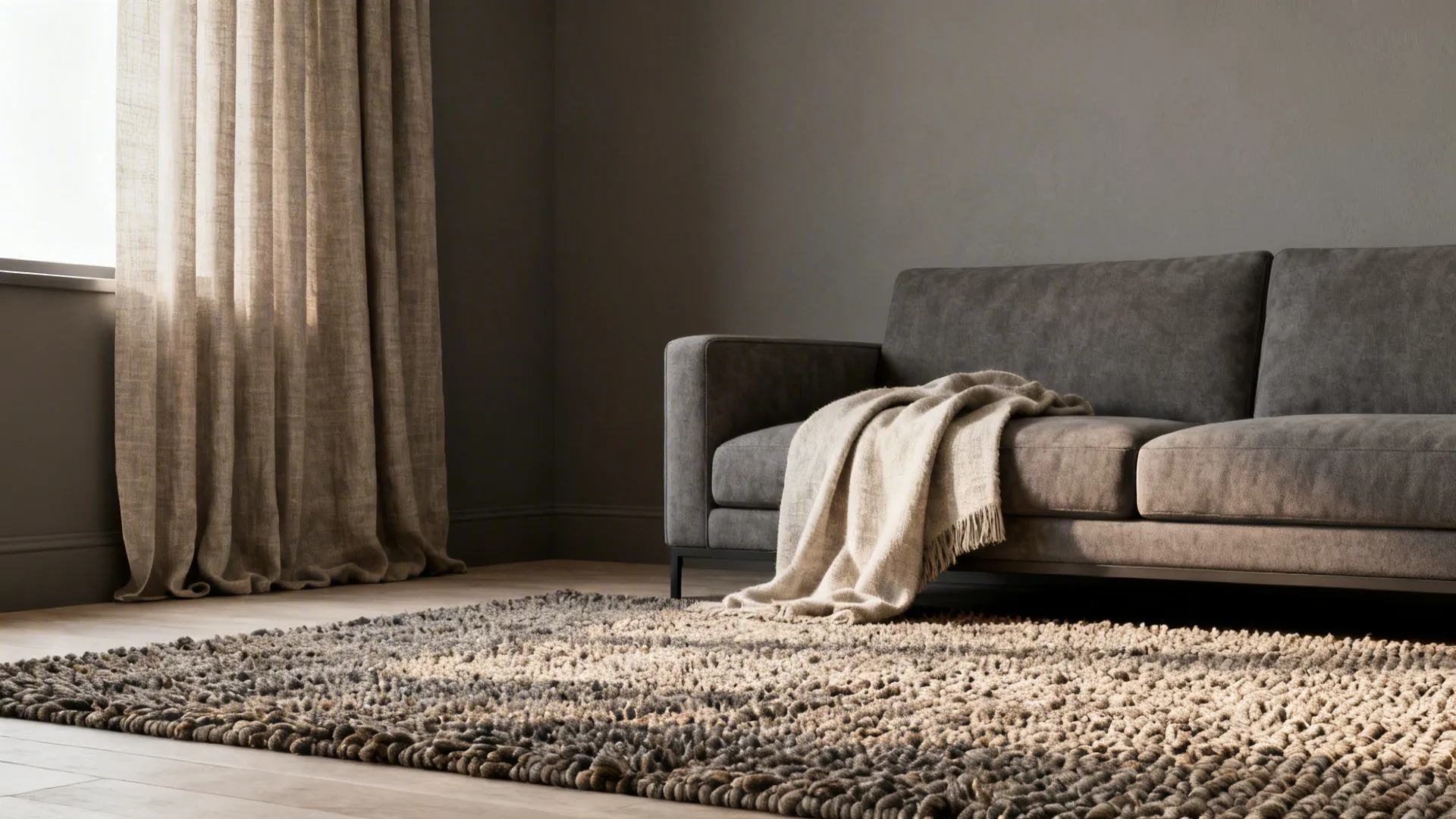 Compact living area with mid-tone warm grey walls and layered textured textiles.