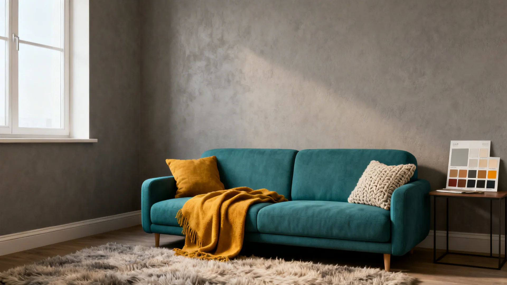 Warm mid-grey feature wall with a teal sofa and mustard throw in a small living room