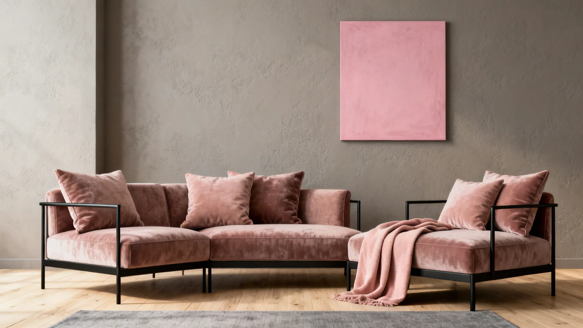 Seating vignette with warm grey wall, dusty-rose cushions and a pink art piece