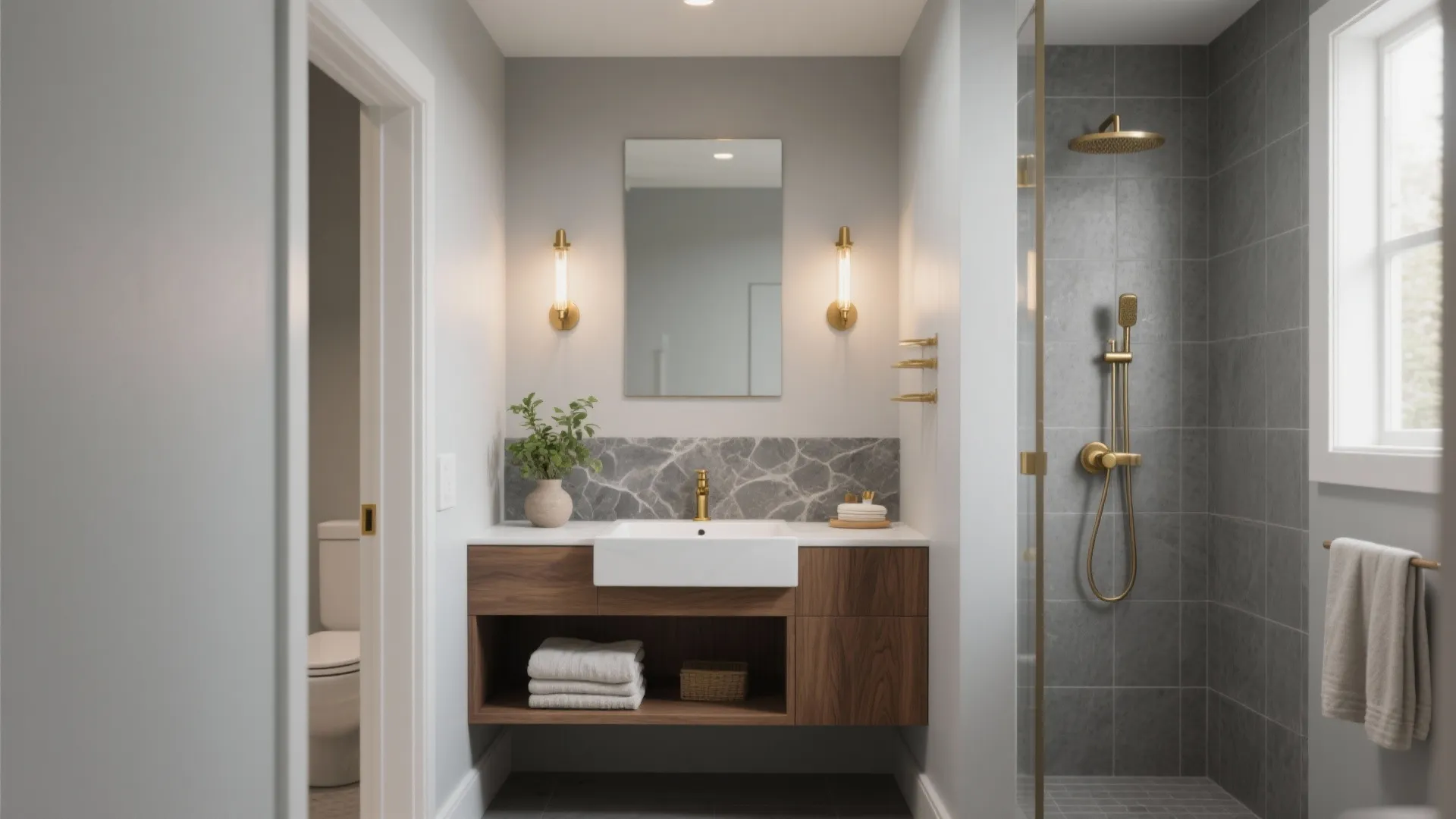 Modern bathroom with wooden cabinet white sink mirror two wall lights and grey tile shower