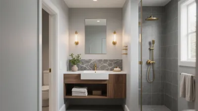 Modern Bathroom Design with Gold Accents & Gray Tiles