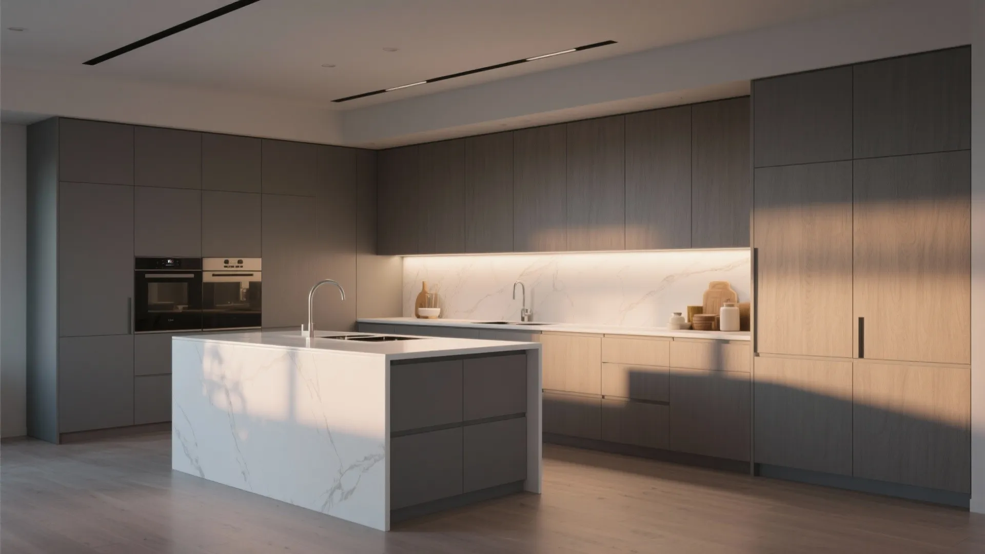 Kitchen showing warm mid-grey cabinets with a bright white island reflecting natural light.