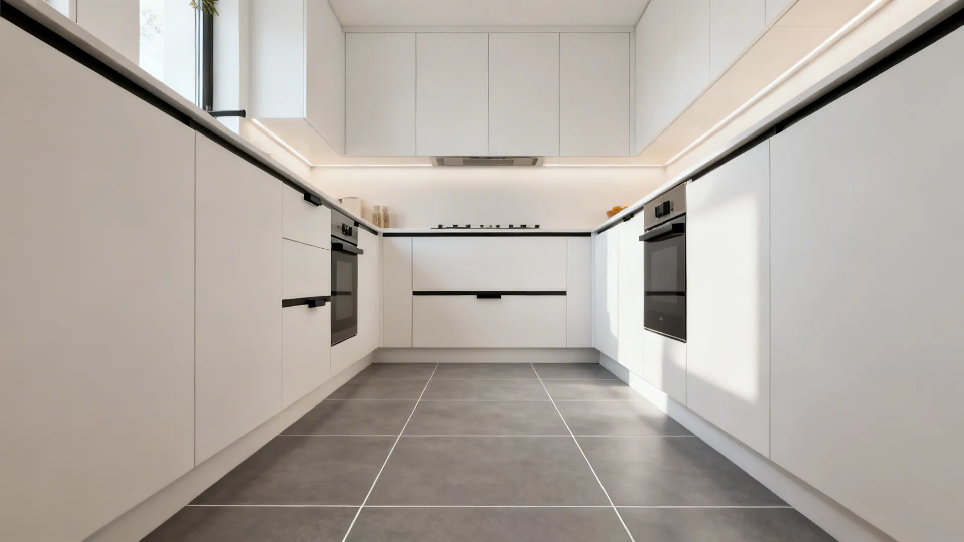 Warm Grey Floors with White Slab Fronts