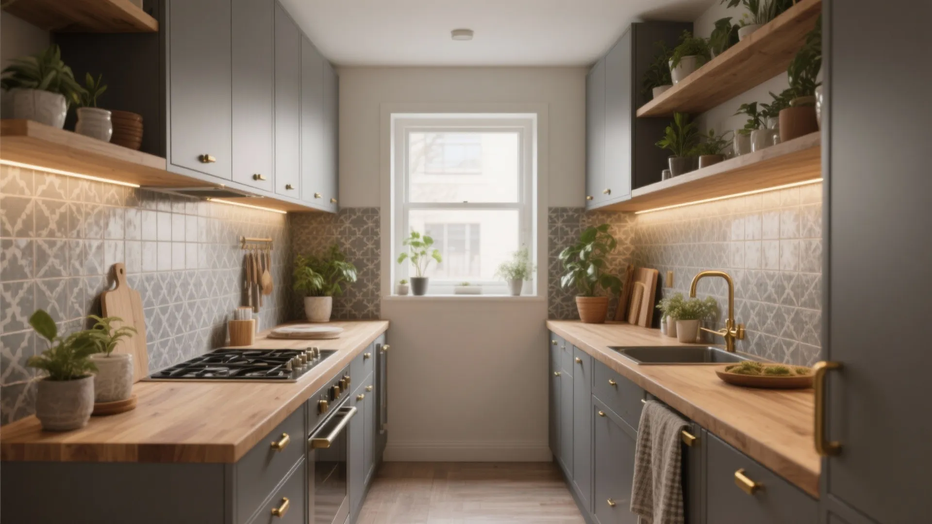 Modern galley kitchen with grey cabinets wooden countertops open shelves green plants and bright window