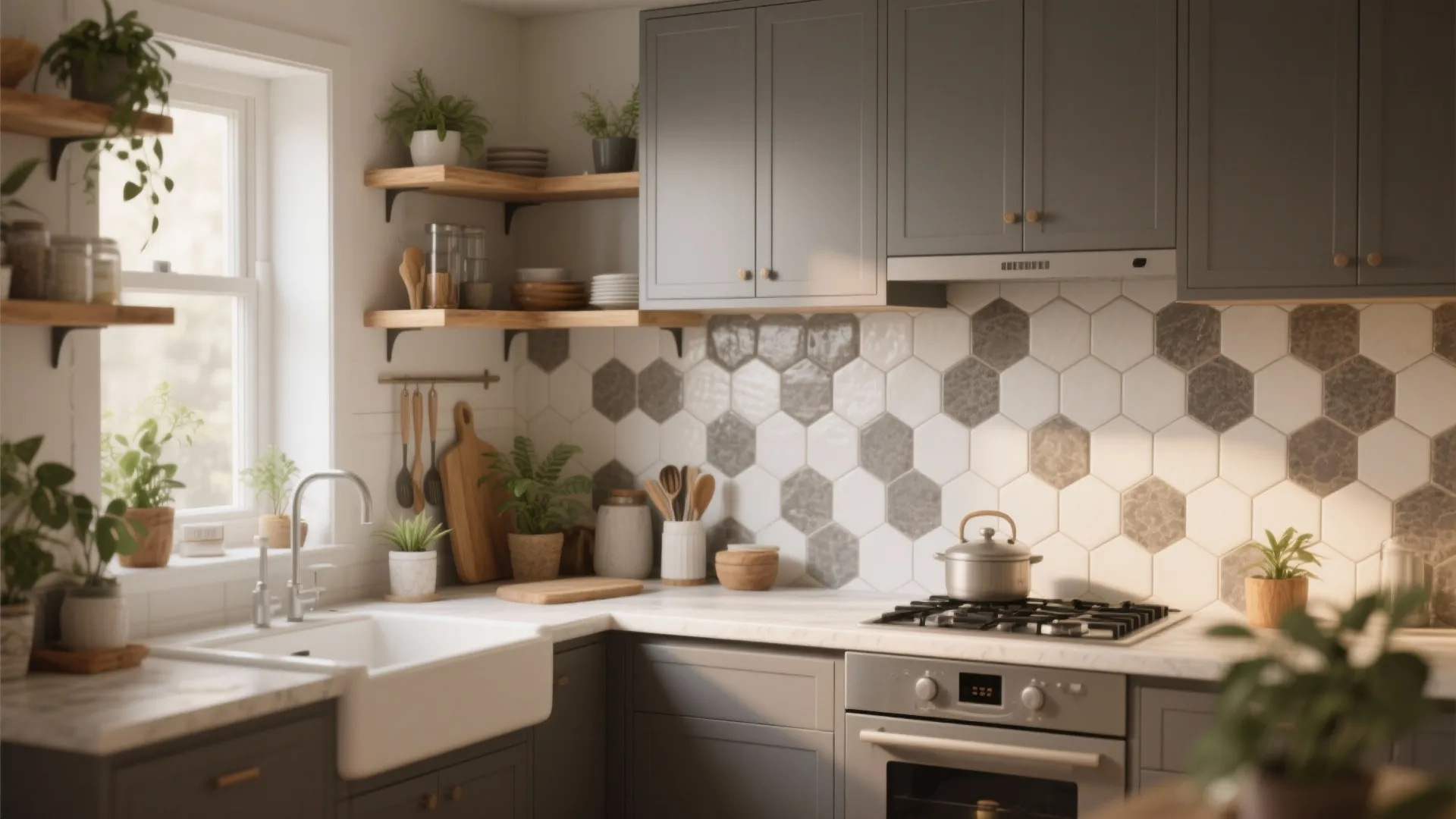 4. Warm Grey with Wood Accents and Hex Tile