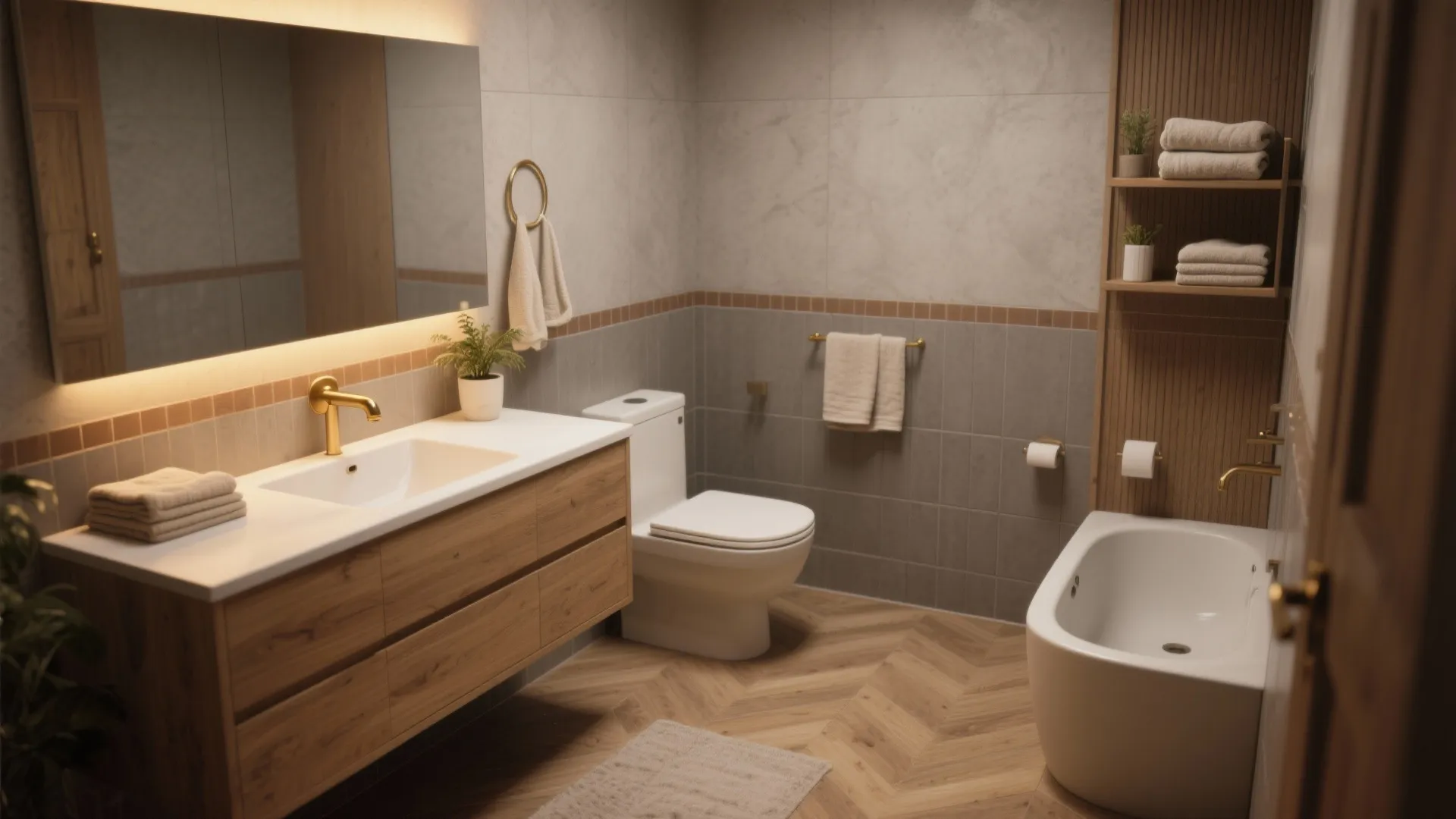 5. Warm-grey tiles with wood accents for hygge vibes