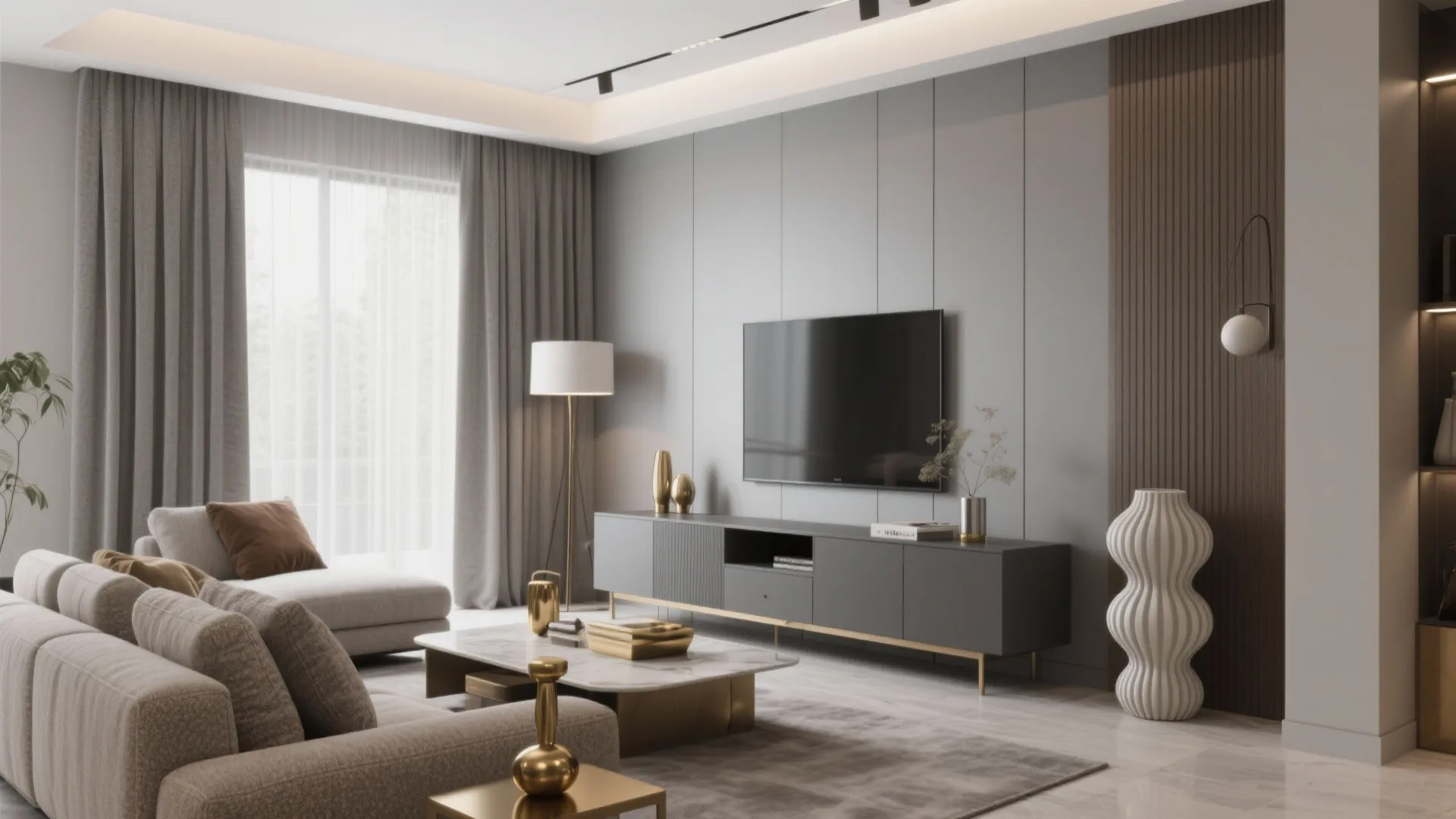 Modern living room with grey wall paneling television cabinet marble coffee table and comfortable fabric sofa