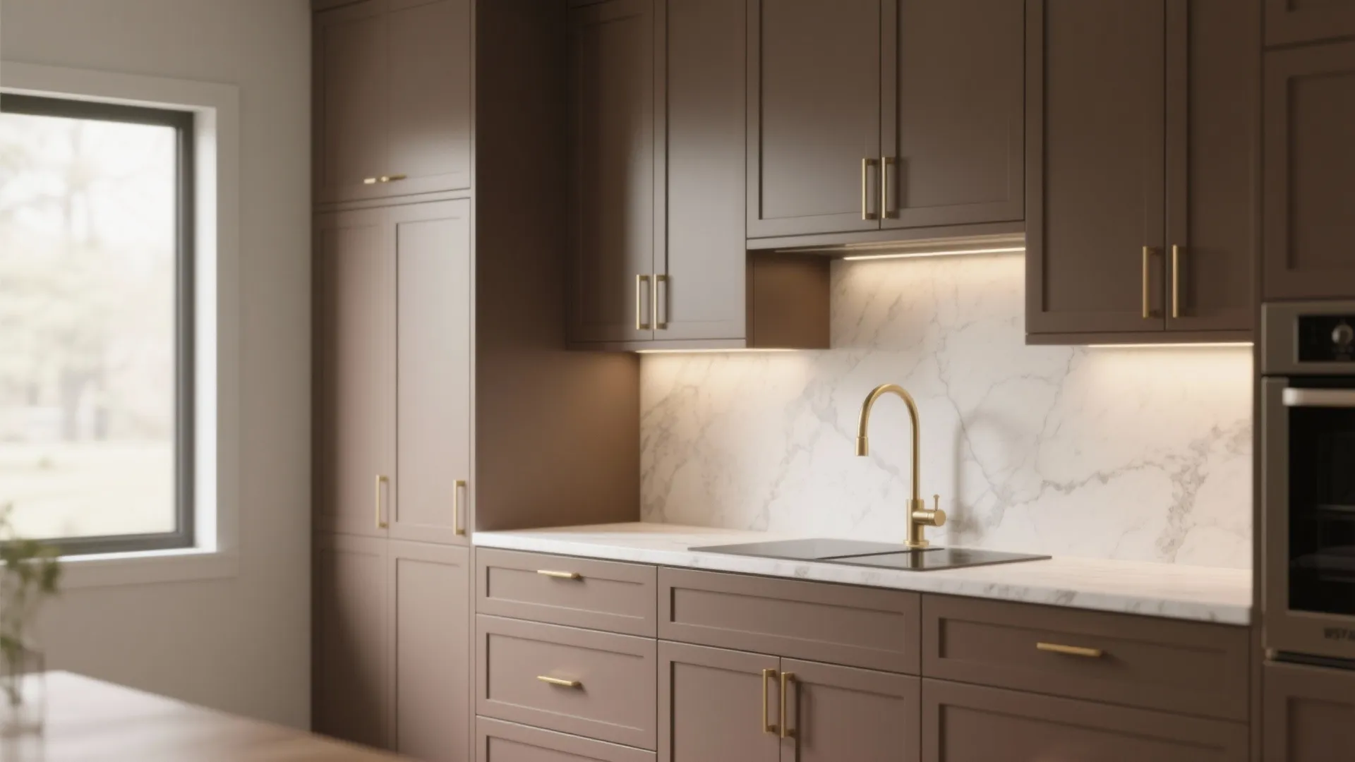 1. Warm grey walls + mid-tone brown cabinets