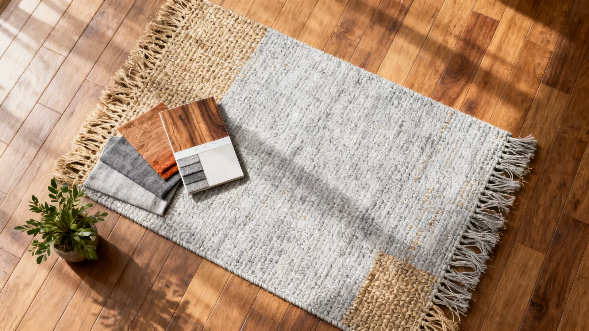 Top-down flatlay of warm-toned light grey jute rug sample with wood and fabric swatches.