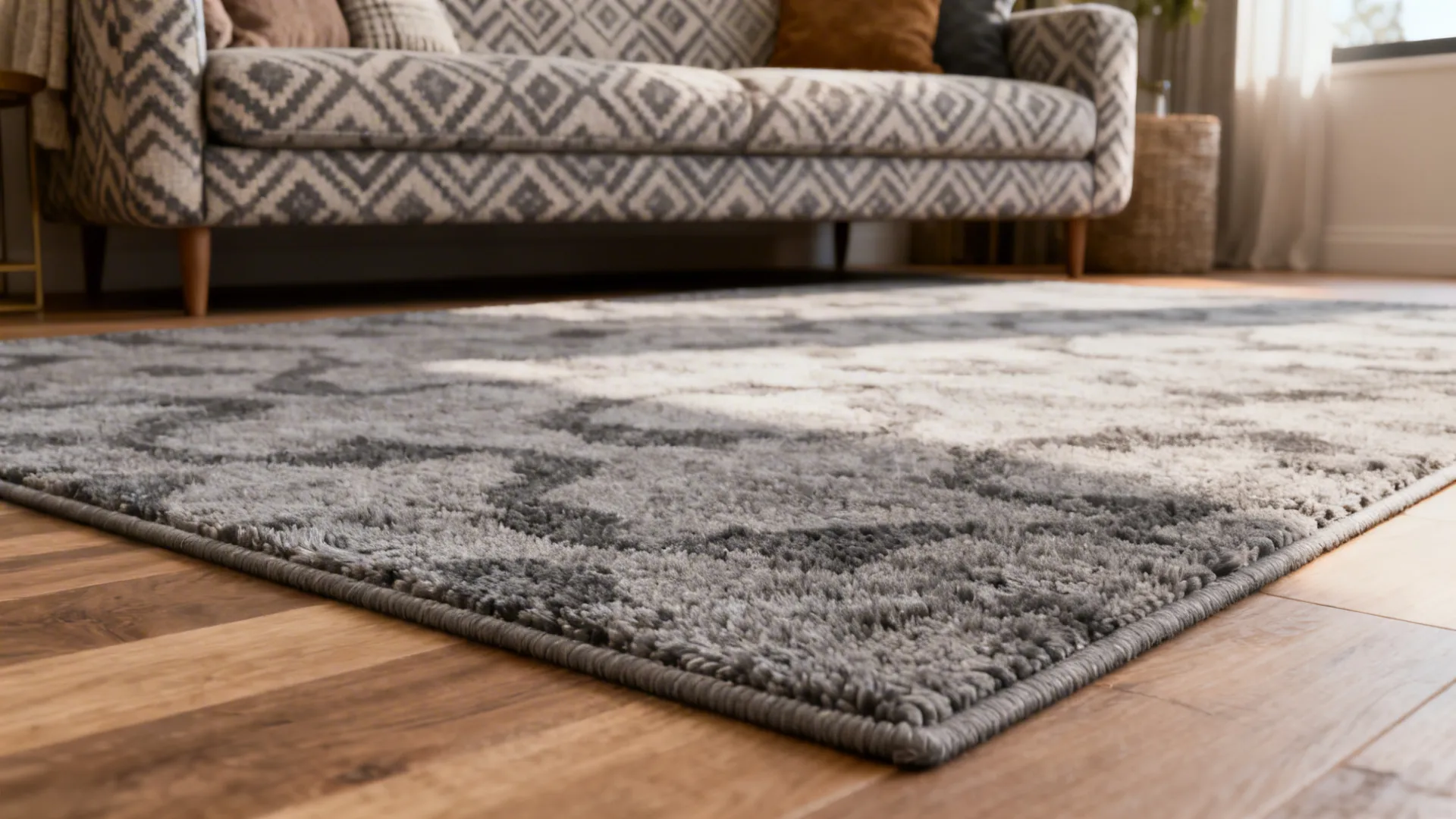 Living room with a warm grey rug featuring a subtle pattern paired with a patterned sofa
