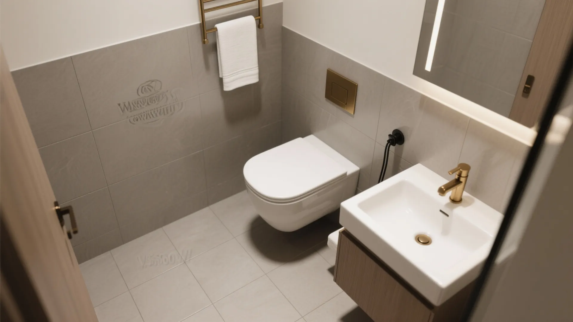Warm-grey 600x600 mm porcelain bathroom floor with white fixtures and brushed brass accents.