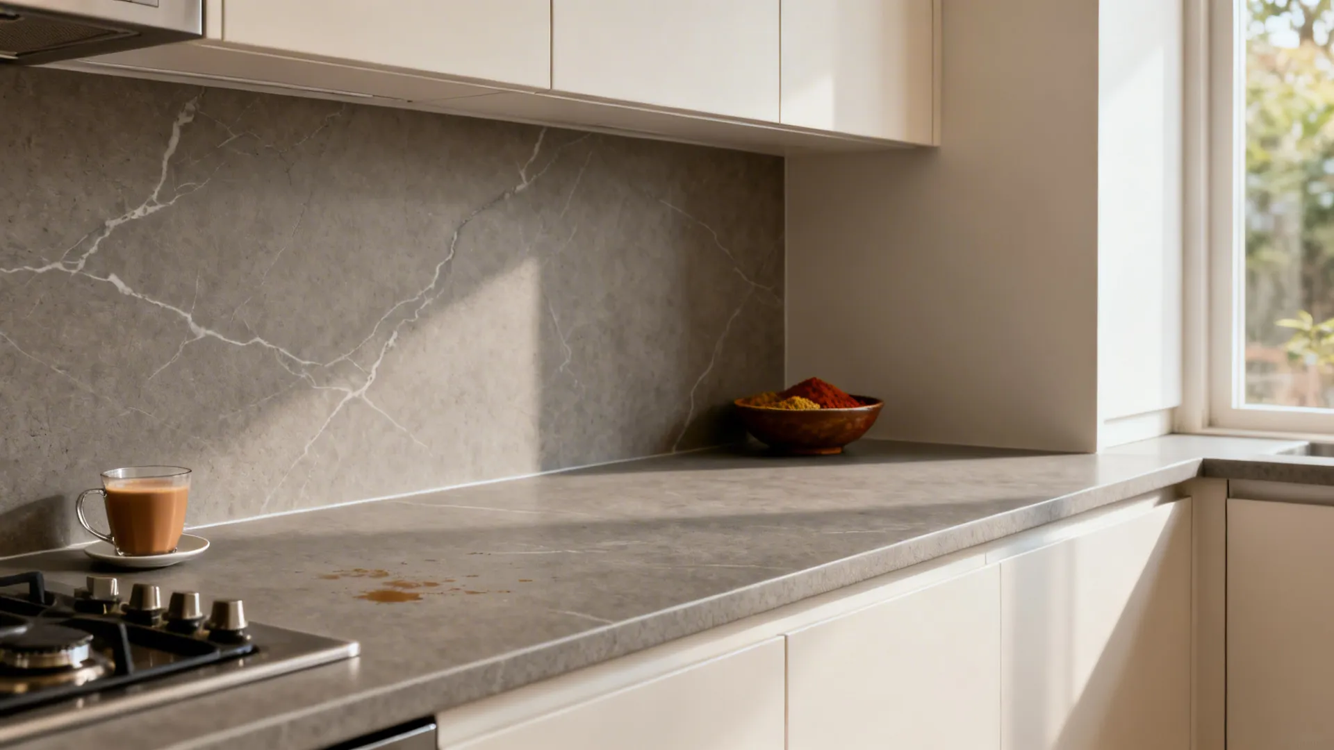 Warm-grey porcelain slab counter and backsplash with thin 12 mm profile and subtle veining.