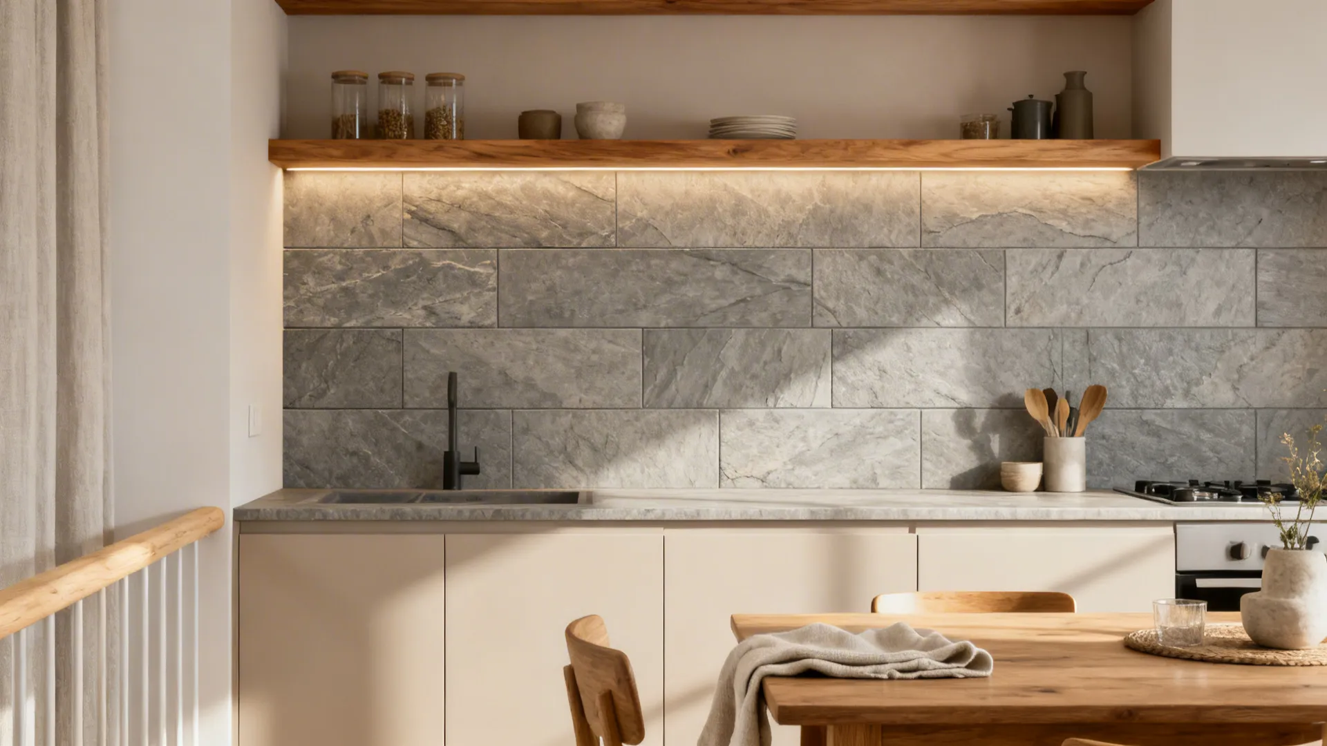 Warm-Grey Stone-Look Porcelain with Wood Accents