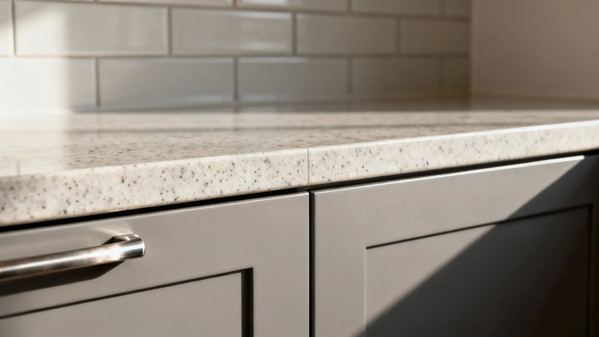 Macro of warm grey quartz counter meeting smoky grey satin cabinet fronts with subtle texture.