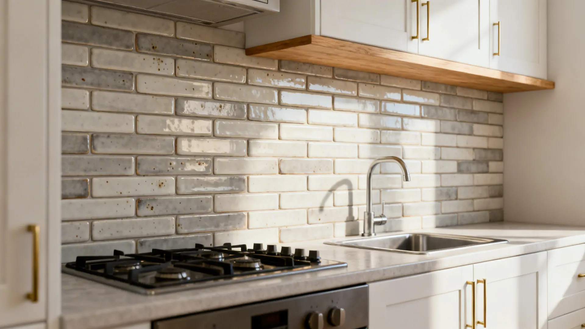 Warm grey-white soft-grain subway tile backsplash brightening a narrow galley kitchen.