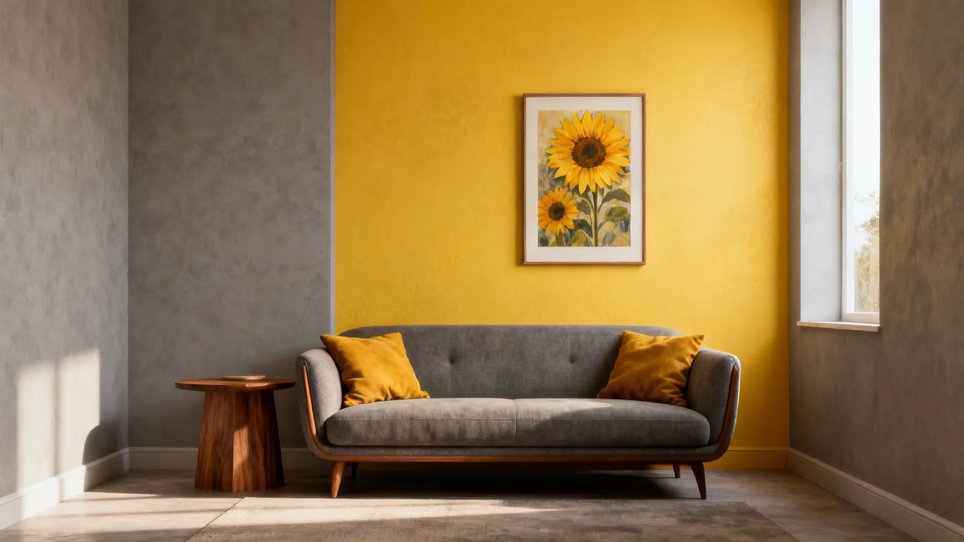 Room with three warm grey walls and one sunflower-yellow focal wall with grey sofa and oak table.