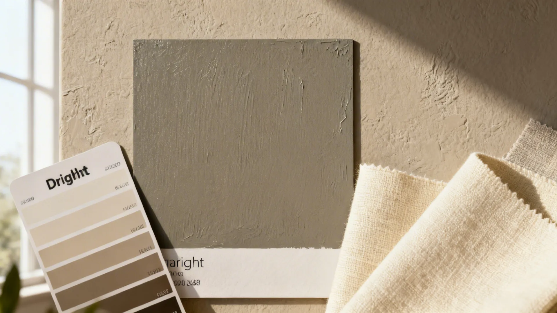 Warm mid-grey paint sample beside cream fabric swatches in natural daylight