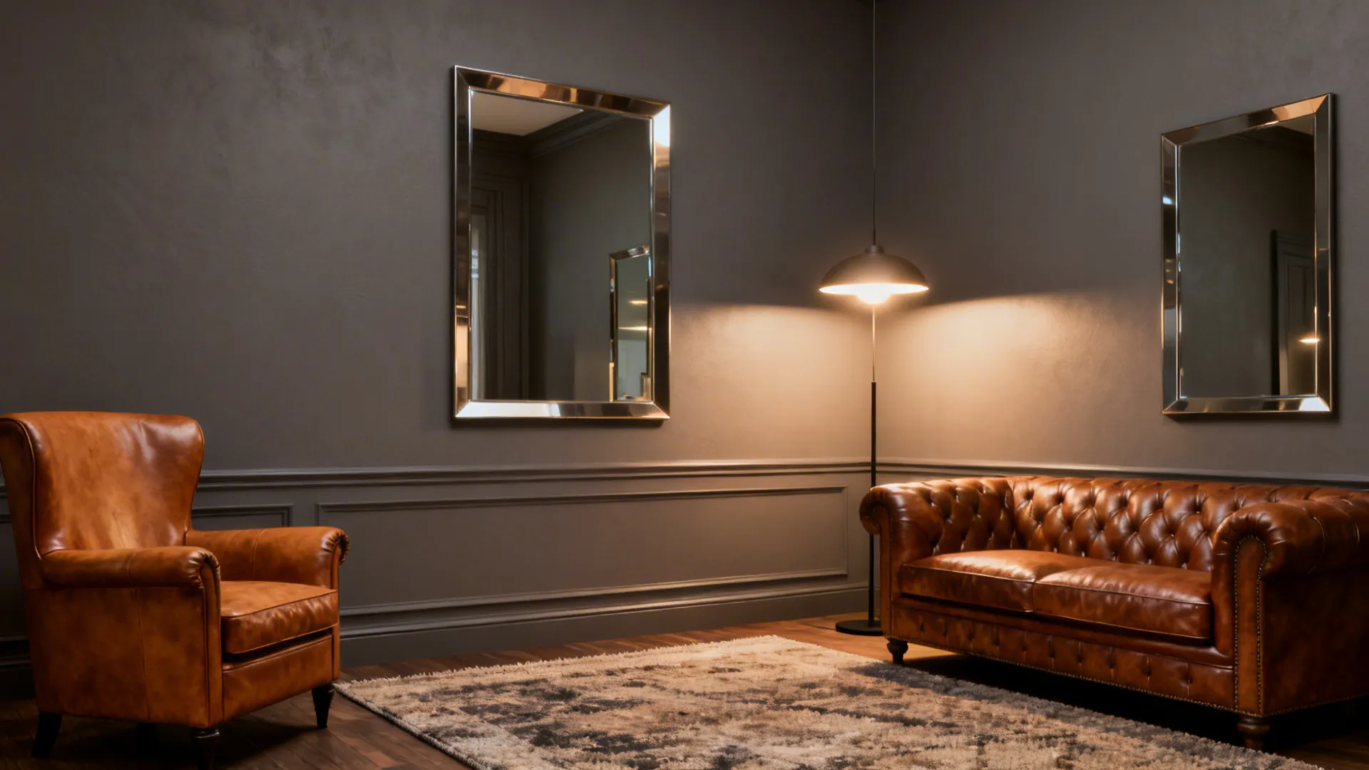 City apartment with warm grey walls and tan leather seating with layered lighting