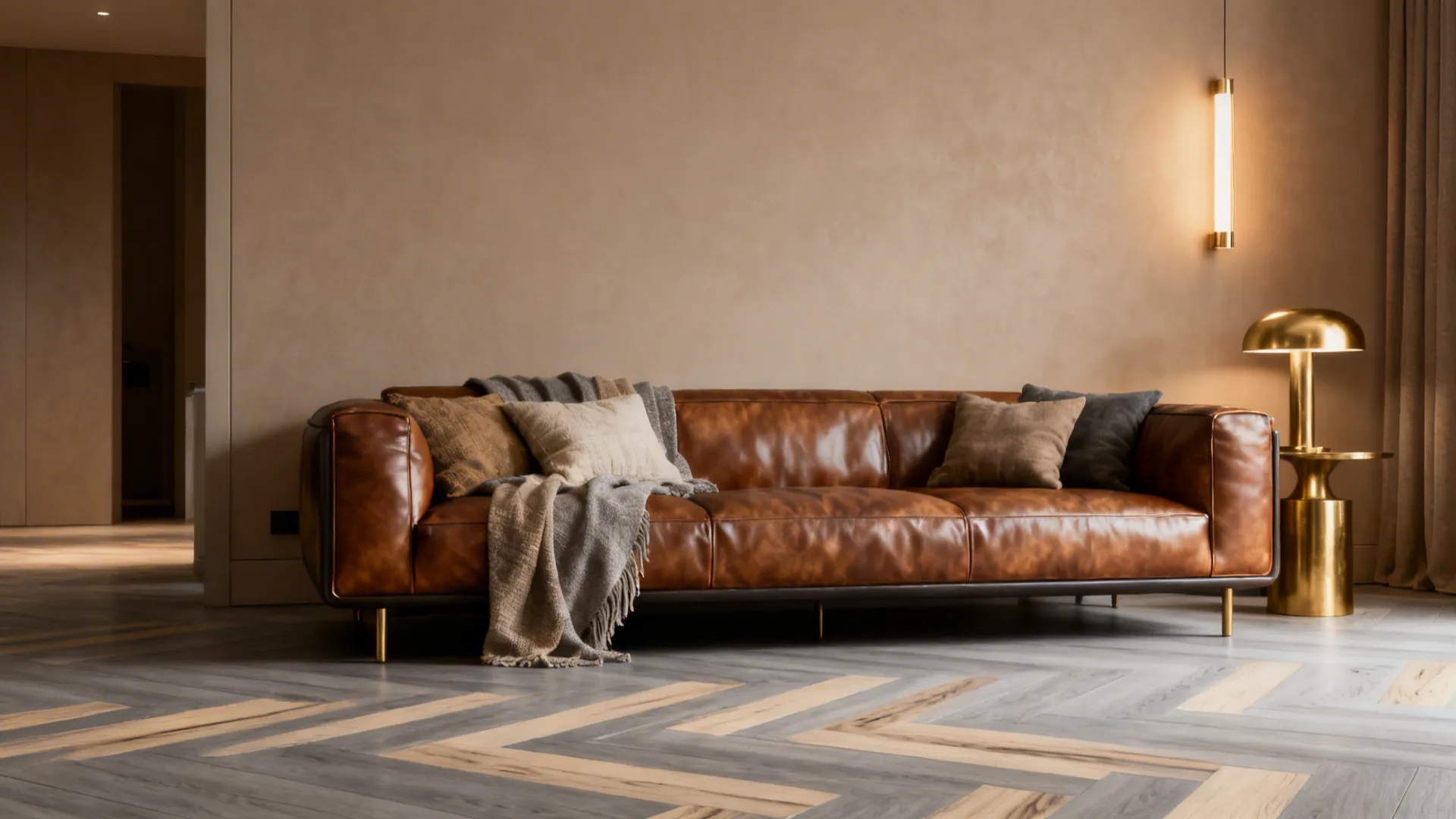 Living room with warm-grey flooring showing teak undertones, leather sofa and brass accents