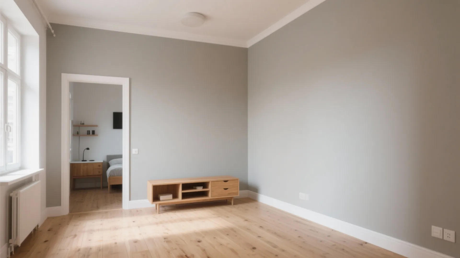 Empty room with grey walls wooden floor small cabinet and open doorway to a bedroom