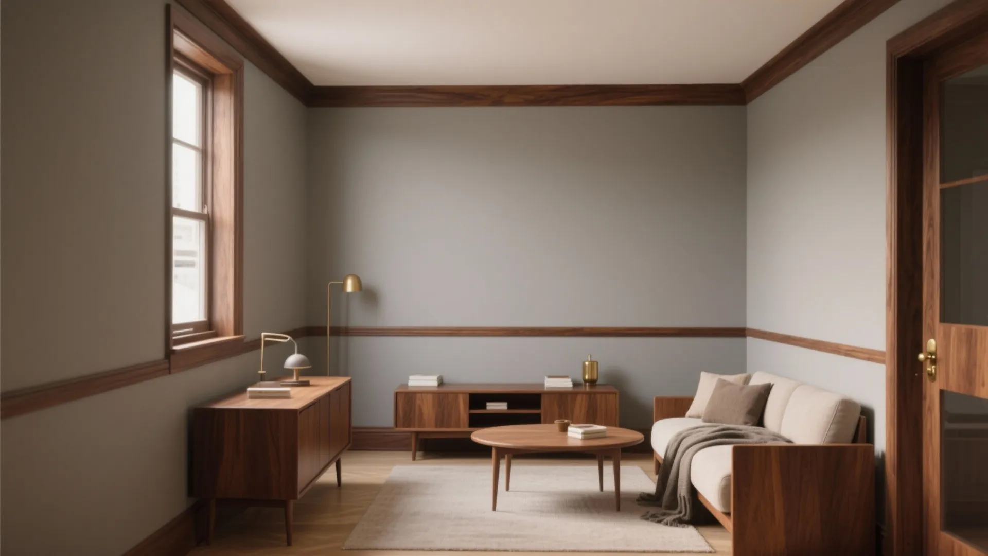 2. Warm Grey Base with Walnut Trim