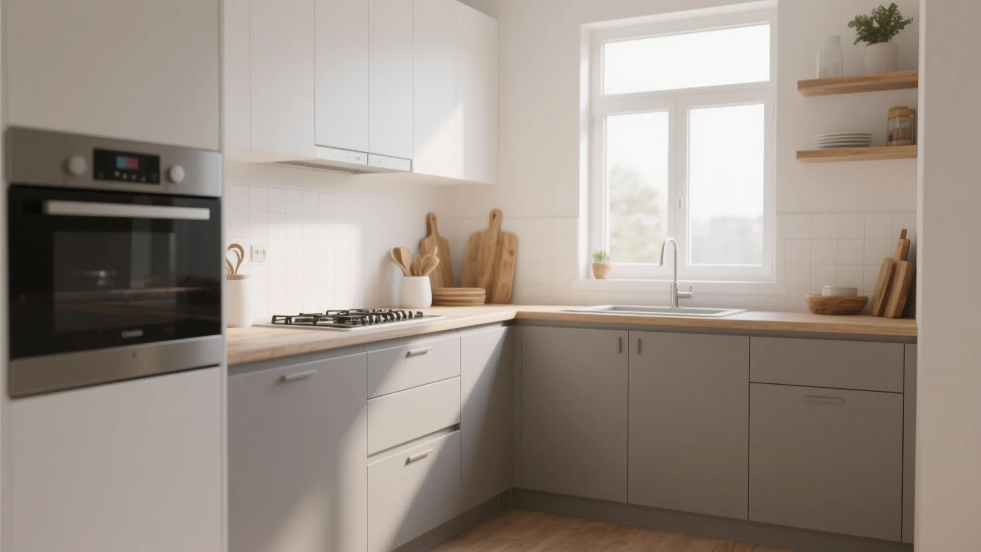 Idea 1: Warm Grey Cabinets with Crisp White Walls