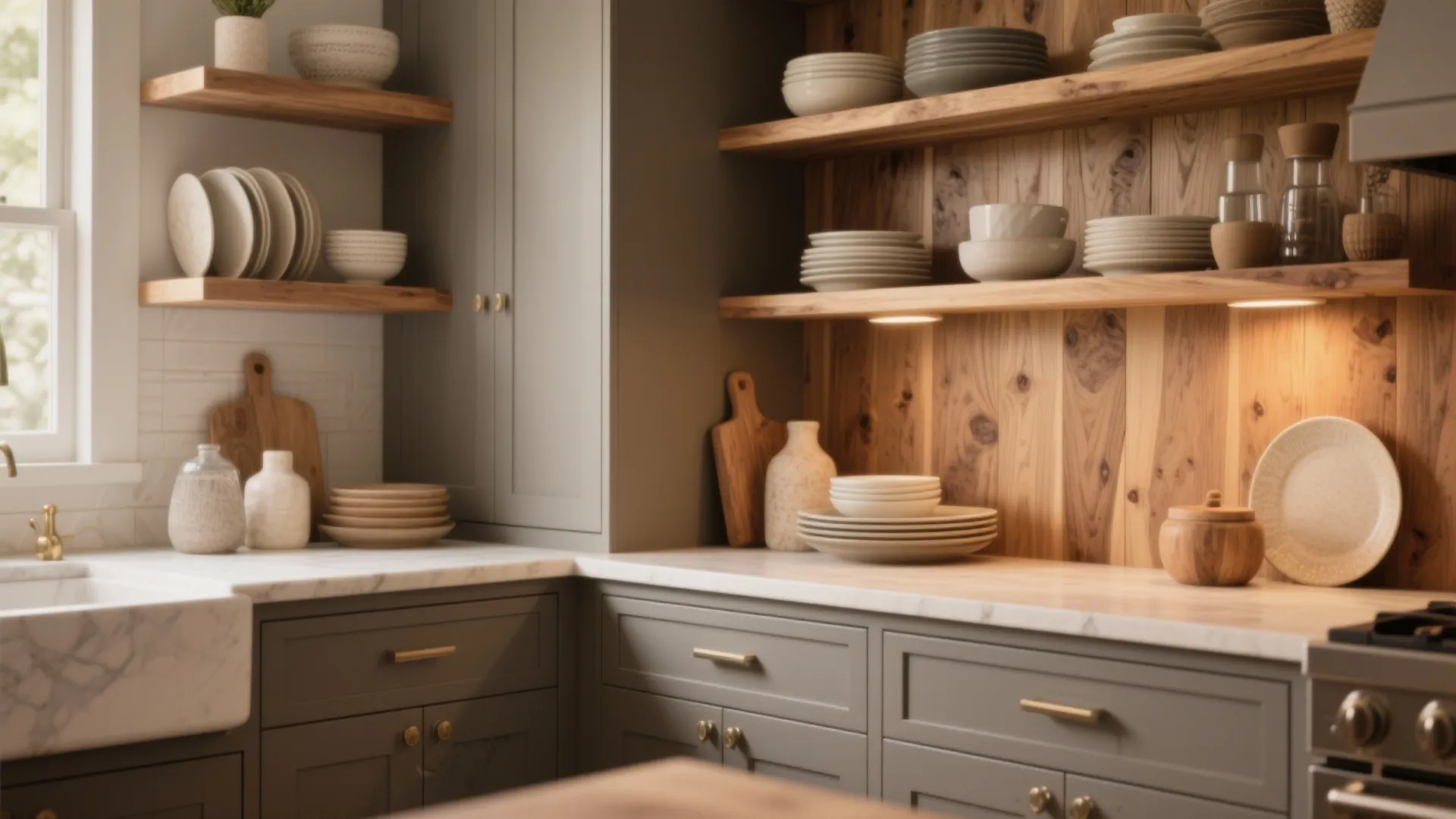 Kitchen corner featuring wooden wall shelves green cabinets marble countertop and white dishes with natural light