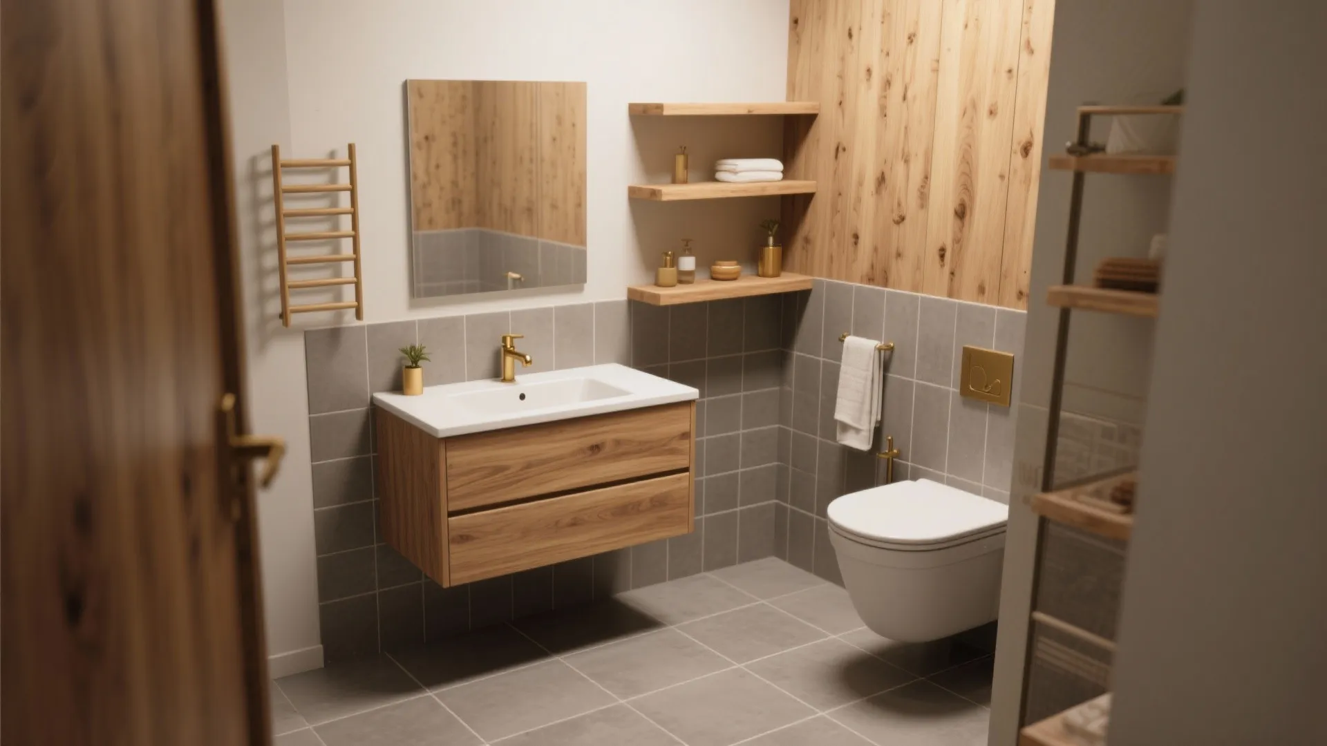 4. Warm Grey with Wood Accents