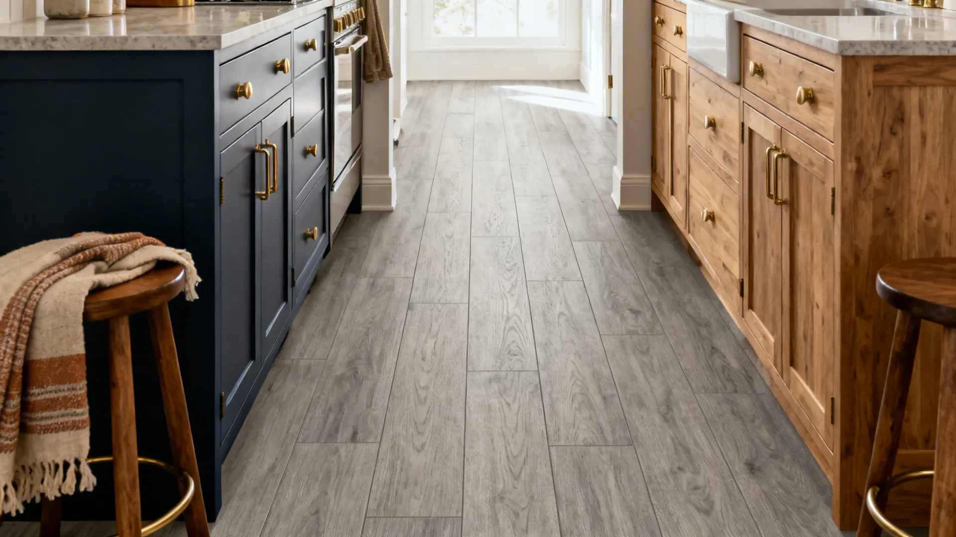 Small kitchen elongated by warm-grey wood-look porcelain planks with discreet seams.