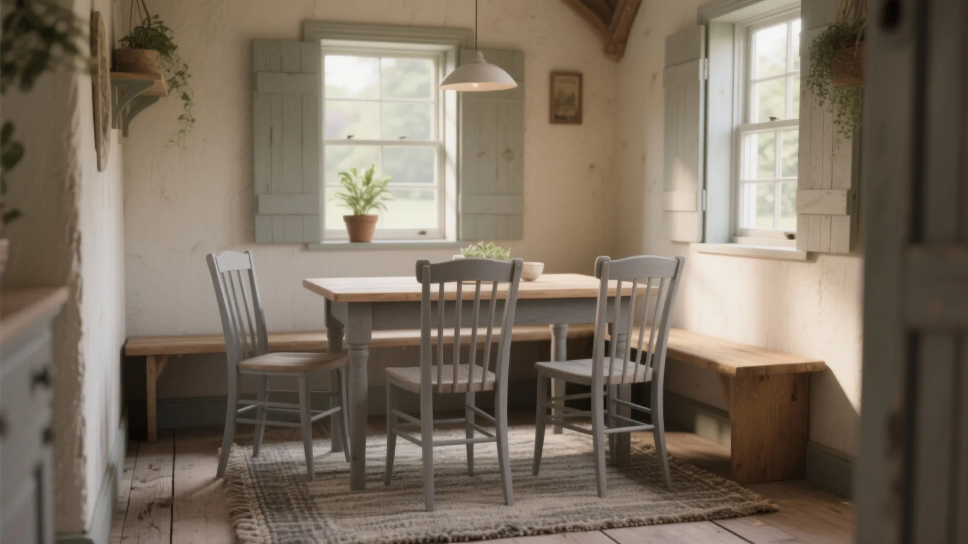Rustic dining room with wooden table three grey chairs wooden bench rug white ceiling light