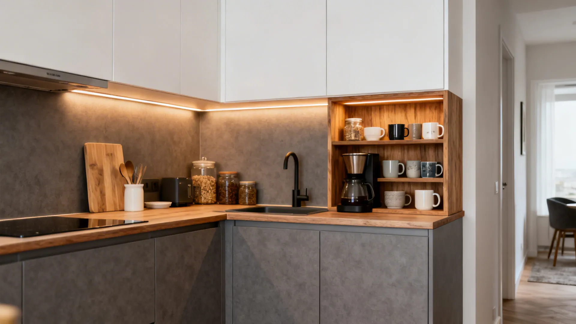 Idea 4: Warm Grey + White with Wood Accents and Open Niche