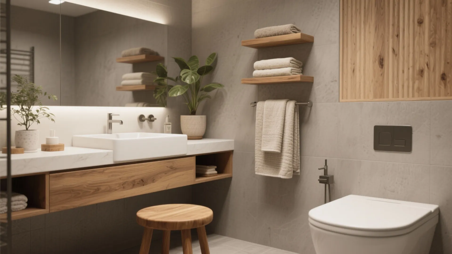 3. Warm Grey with Wood Accents and a White Vanity