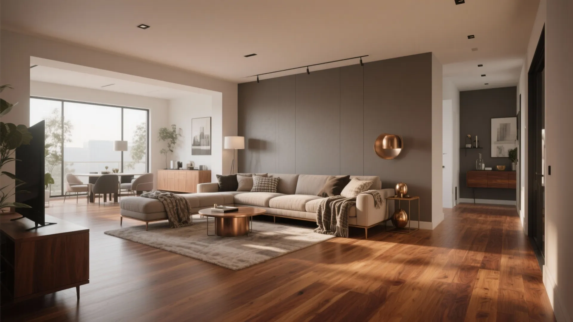 Spacious living room with large beige sofa coffee table wooden floor and dark grey wall