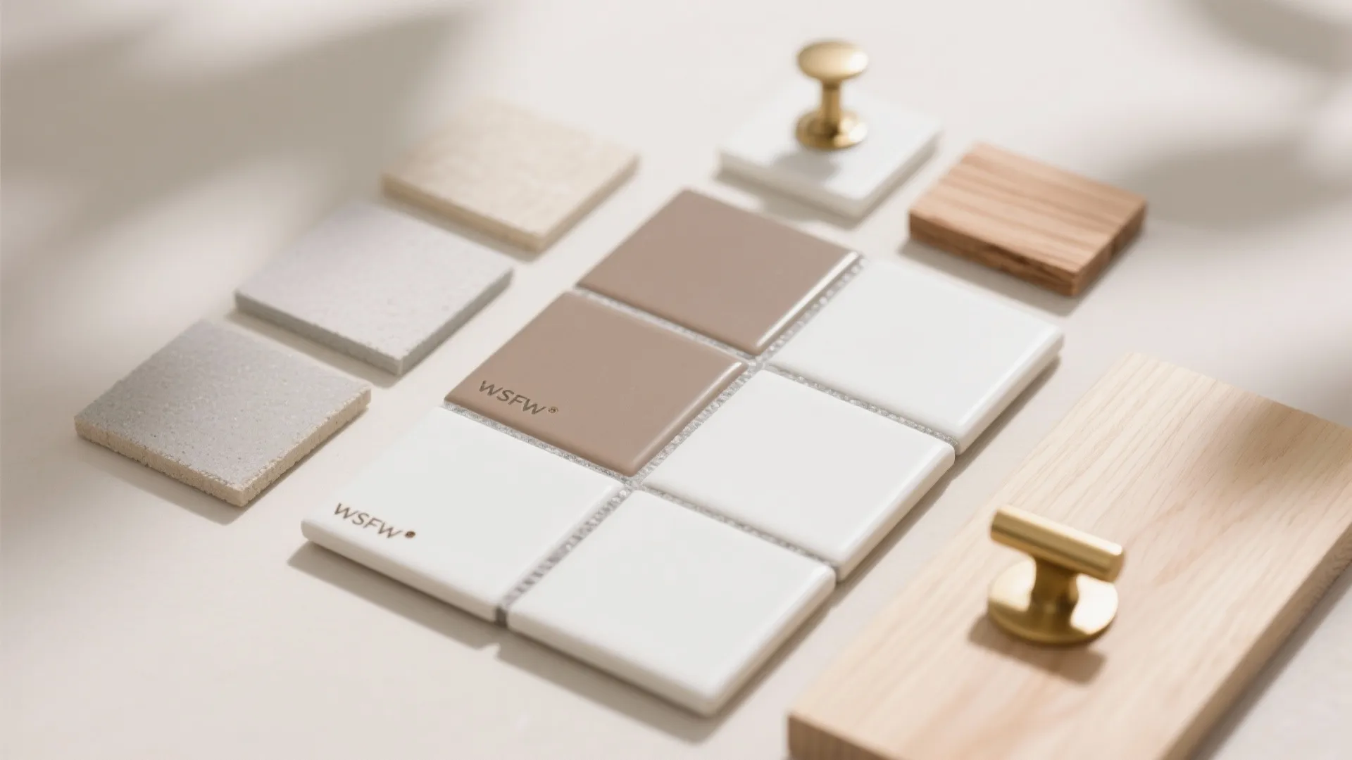 Interior design material board with white tiles brown tiles wood samples and gold drawer handles