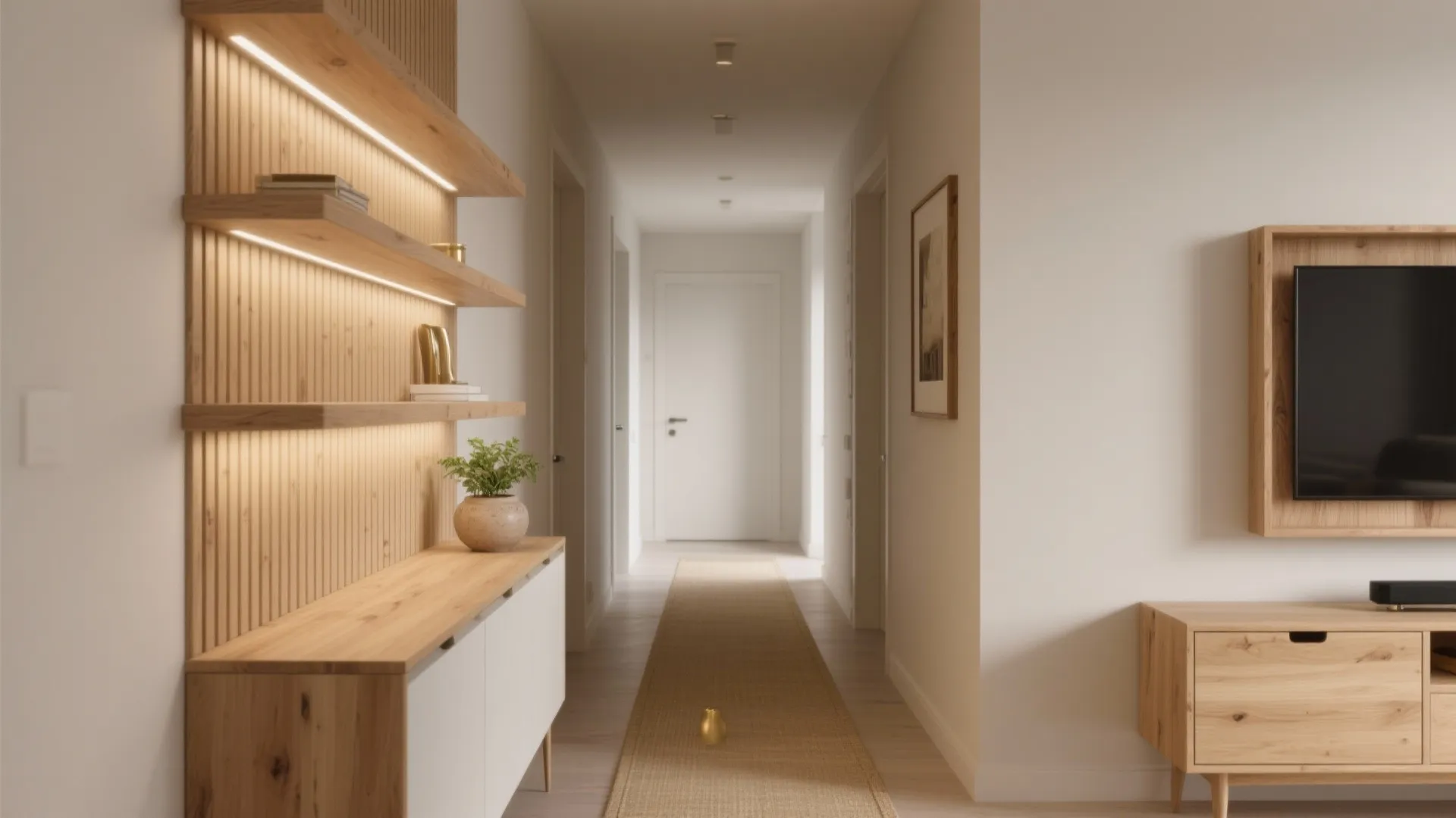 Modern hallway with wood wall panels, lighted shelves, white walls, TV cabinet, and floor runner