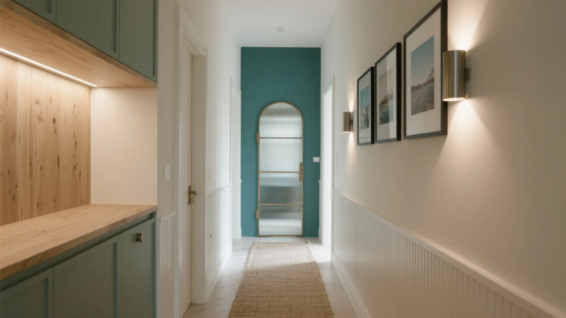 Narrow hallway featuring green walls white wall panel framed art wall light and arched door