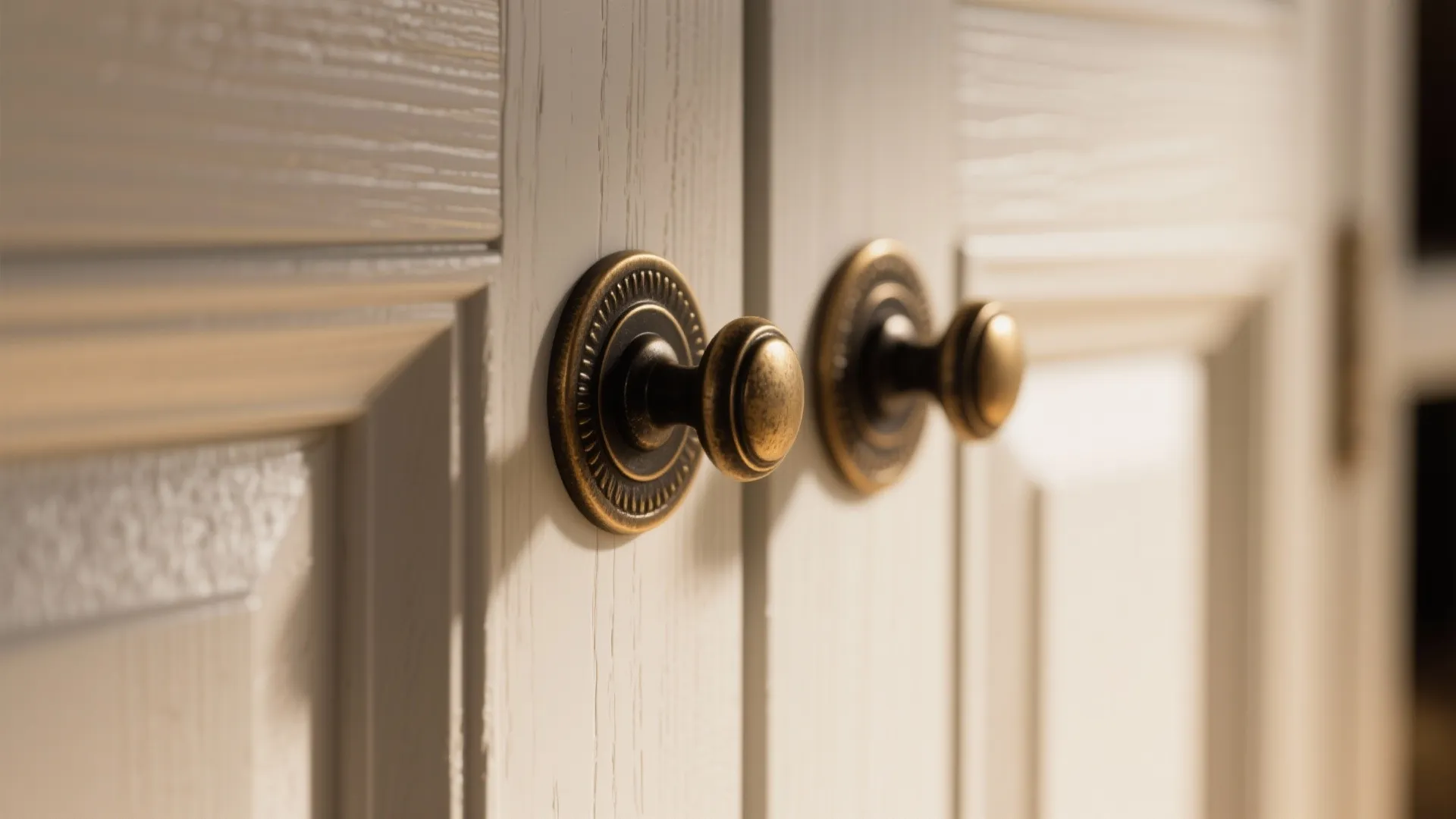 Close-up of aged brass and matte black handles on white wood cabinet doors