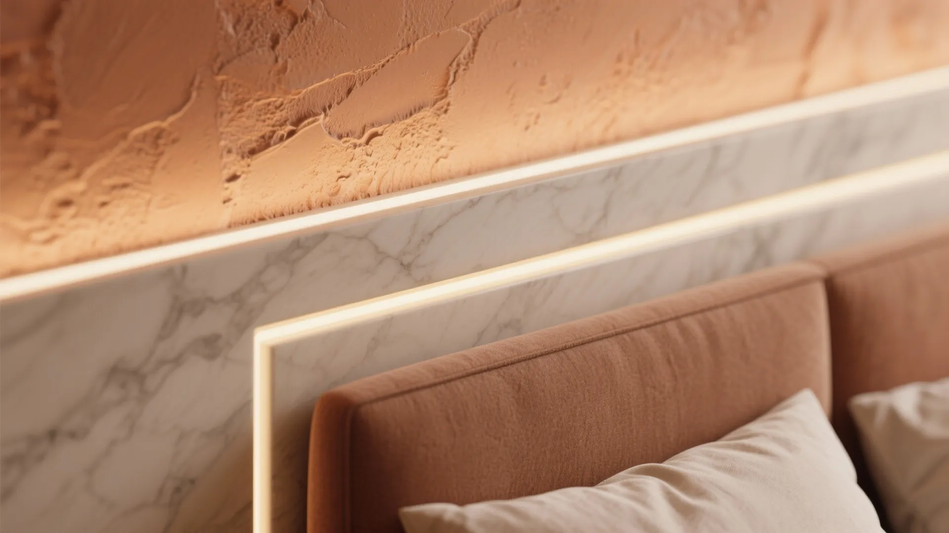 Fabric headboard with marble wall panels and warm hidden light fixtures in a modern bedroom design