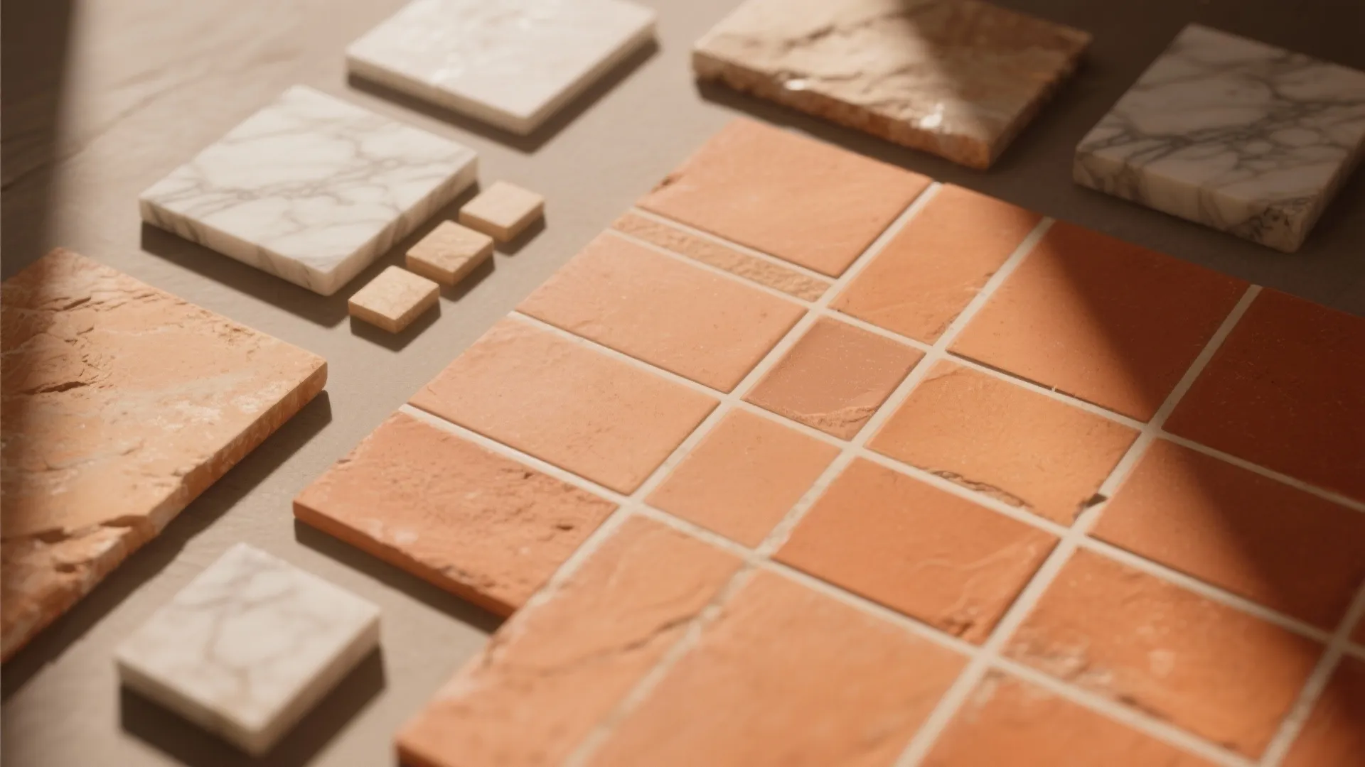 Burnt orange terracotta-style tiles with pale grout.