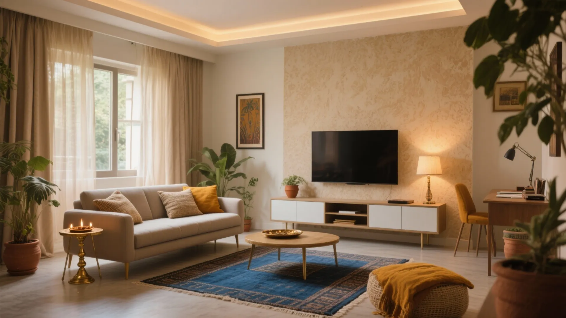 Warm living room with tv wall unit beige sofa blue rug wooden desk and indoor plants
