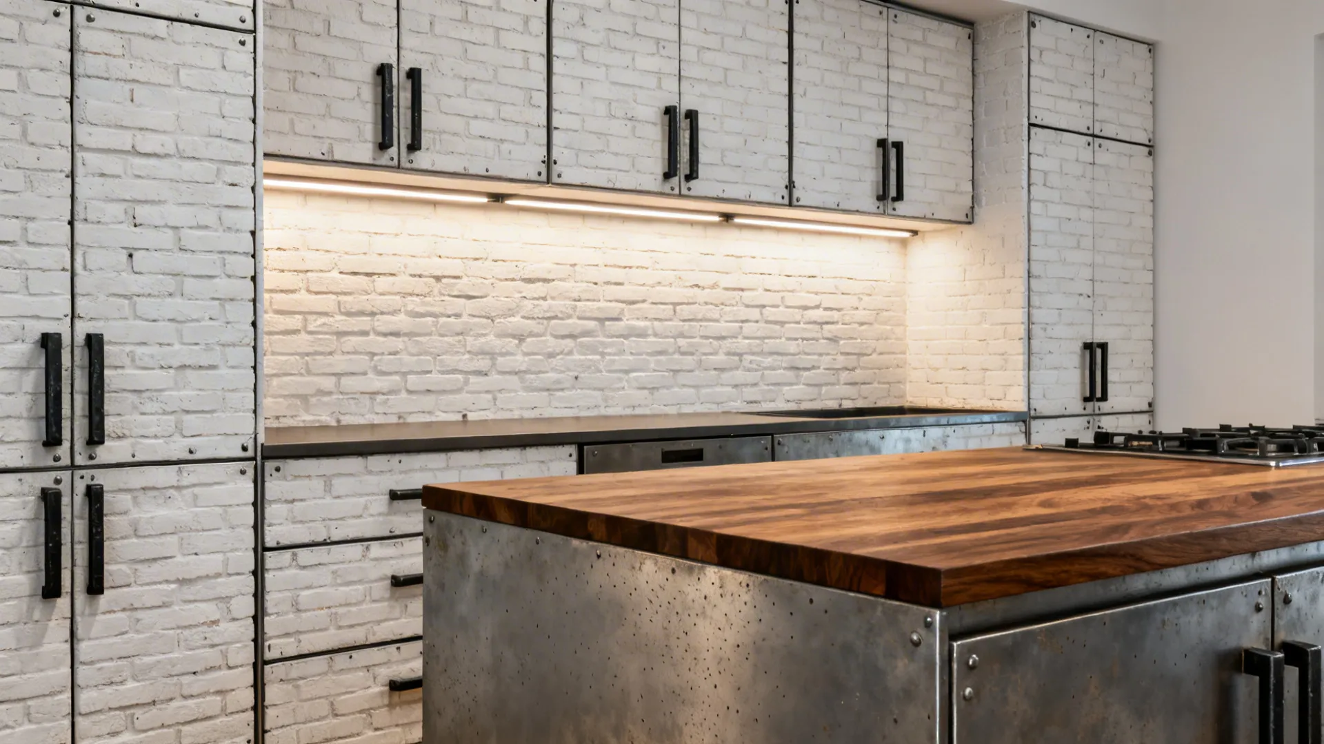 4) Warm Industrial: Thin Brick with Blackened Steel Hardware
